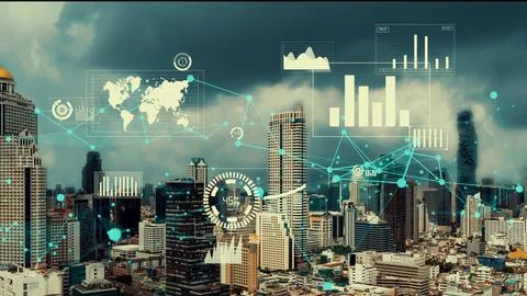 Business data analytic interface fly over smart city showing alteration future Stock Photos