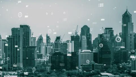 Business data analytic interface fly over smart city showing alteration future Stock Photos