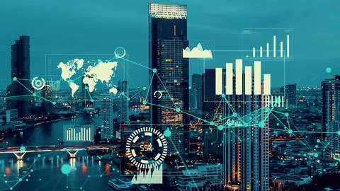 Business data analytic interface fly over smart city showing alteration future Stock Photos