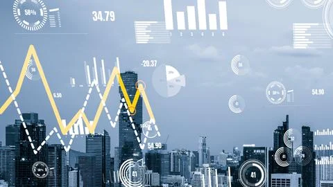 Business data analytic interface fly over smart city showing alteration future Foto stock