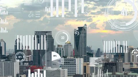 Business data analytic interface fly over smart city showing alteration future Foto stock