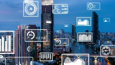 Business data analytic interface fly over smart city showing alteration future Stock Photos
