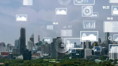 Business data analytic interface fly over smart city showing alteration future Stock Photos