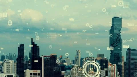 Business data analytic interface fly over smart city showing alteration future Stock Photos