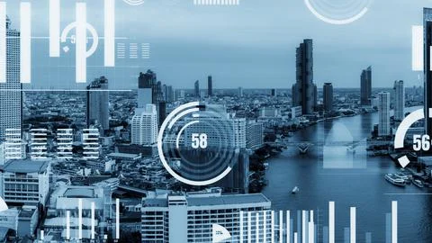 Business data analytic interface fly over smart city showing alteration future Foto stock