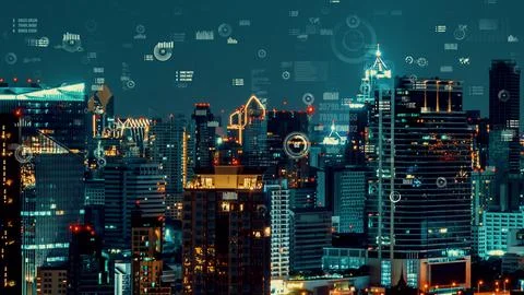 Business data analytic interface fly over smart city showing alteration future Stock Photos