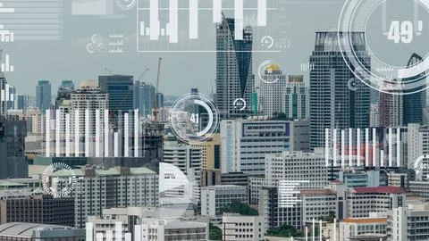 Business data analytic interface fly over smart city showing alteration future Stock Photos