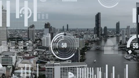 Business data analytic interface fly over smart city showing alteration future Stock Photos