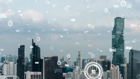 Business data analytic interface fly over smart city showing alteration future Stock Photos