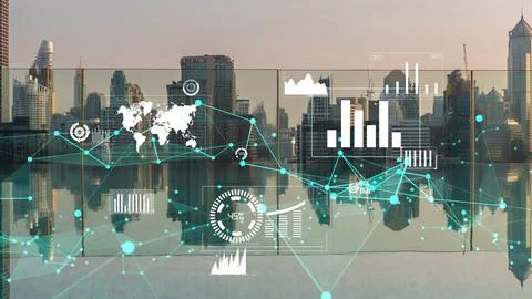 Business data analytic interface fly over smart city showing alteration future Stock Photos