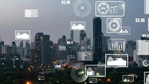 Business data analytic interface fly over smart city showing alteration future Stock Photos