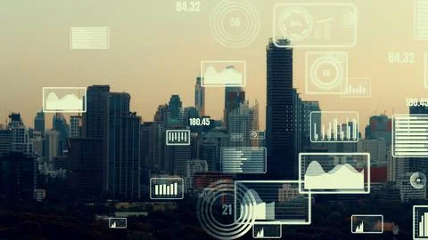 Business data analytic interface fly over smart city showing alteration future Stock Photos