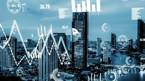 Business data analytic interface fly over smart city showing alteration future Stock Photos