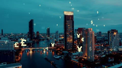 Business data analytic interface fly over smart city showing alteration future Stock Photos