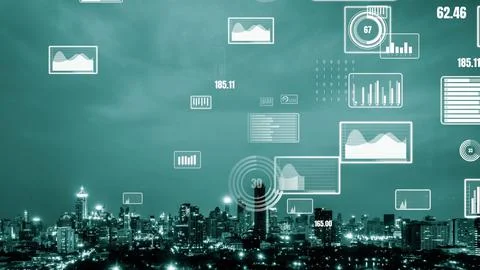 Business data analytic interface fly over smart city showing alteration future Stock Photos