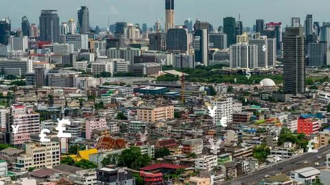Business data analytic interface fly over smart city showing alteration future Stock Photos