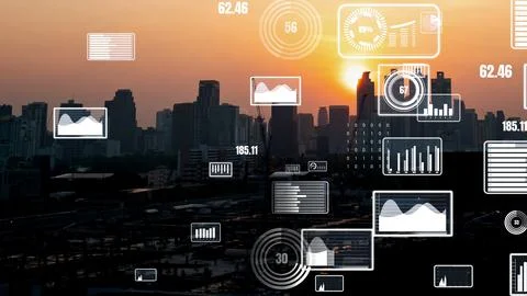 Business data analytic interface fly over smart city showing alteration future Stock Photos