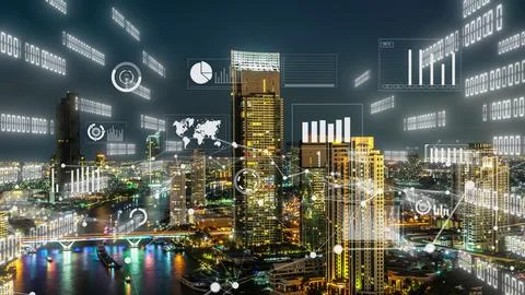 Business data analytic interface fly over smart city showing alteration future Stock Photos