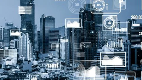 Business data analytic interface fly over smart city showing alteration future Stock Photos