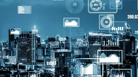 Business data analytic interface fly over smart city showing alteration future Foto stock