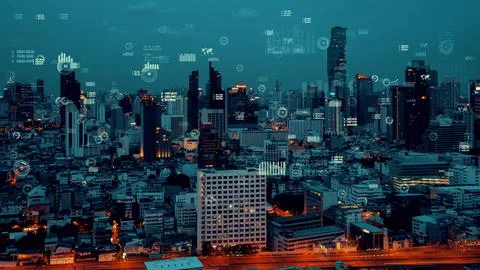 Business data analytic interface fly over smart city showing alteration future Stock Photos