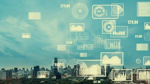 Business data analytic interface fly over smart city showing alteration future Stock Photos