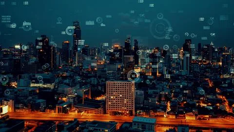 Business data analytic interface fly over smart city showing alteration future Stock Photos