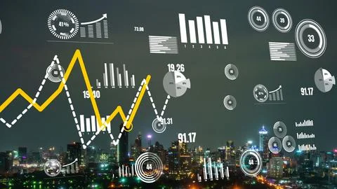 Business data analytic interface fly over smart city showing alteration future Stock Photos