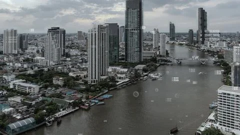 Business data analytic interface fly over smart city showing alteration future 写真素材