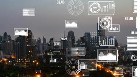 Business data analytic interface fly over smart city showing alteration future Foto stock