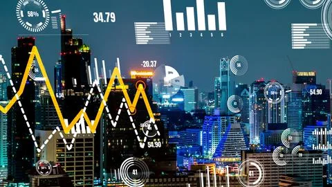 Business data analytic interface fly over smart city showing alteration future Stock Photos