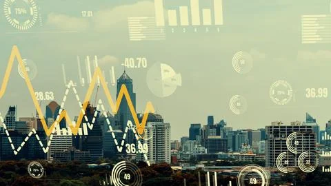 Business data analytic interface fly over smart city showing alteration future Foto stock