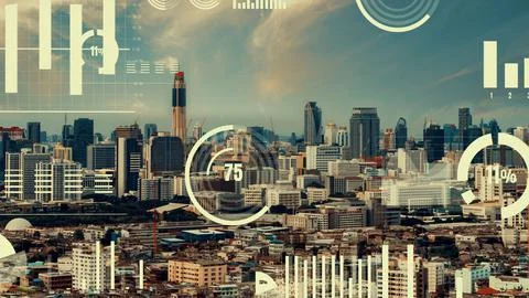 Business data analytic interface fly over smart city showing alteration future Stock Photos