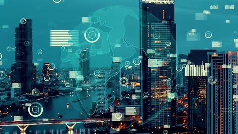 Business data analytic interface fly over smart city showing alteration future Stock Photos