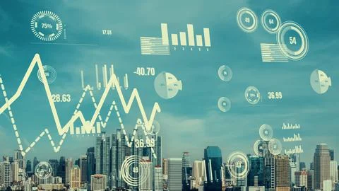 Business data analytic interface fly over smart city showing alteration future Stock Photos