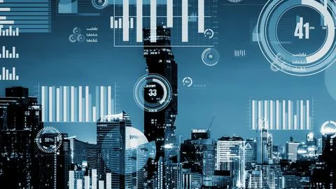 Business data analytic interface fly over smart city showing alteration future Stock Photos