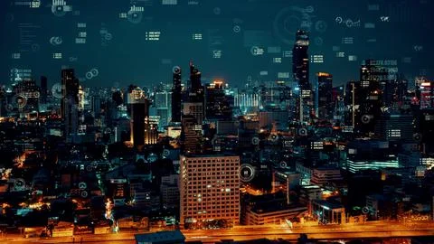 Business data analytic interface fly over smart city showing alteration future Stock Photos