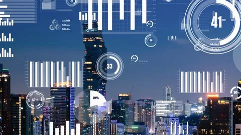 Business data analytic interface fly over smart city showing alteration future Stock Photos