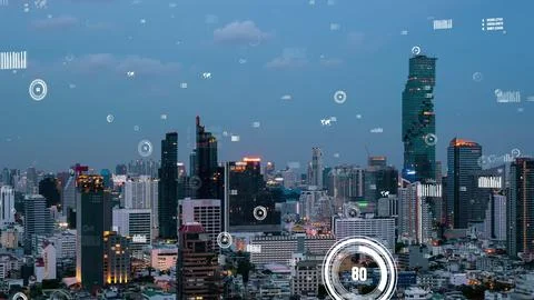 Business data analytic interface fly over smart city showing alteration future Stock Photos