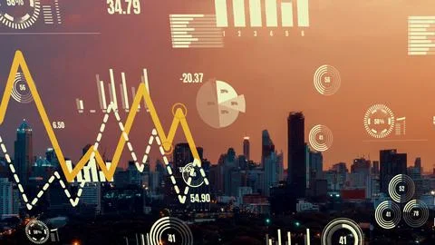Business data analytic interface fly over smart city showing alteration future Stock Photos