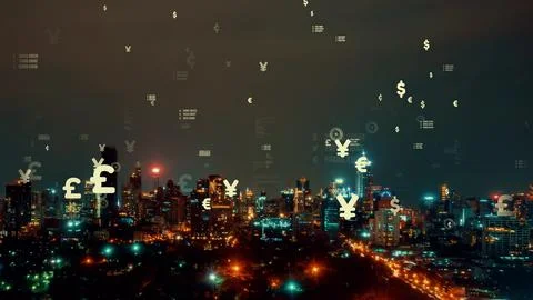 Business data analytic interface fly over smart city showing alteration future Stock Photos