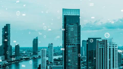 Business data analytic interface fly over smart city showing alteration future Stock Photos