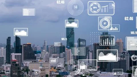 Business data analytic interface fly over smart city showing alteration future Foto stock