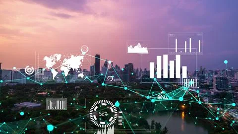 Business data analytic interface fly over smart city showing alteration future Stock Photos