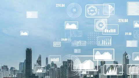Business data analytic interface fly over smart city showing alteration future Stock Photos