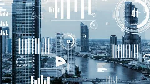 Business data analytic interface fly over smart city showing alteration future Stock Photos