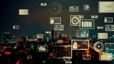 Business data analytic interface fly over smart city showing alteration future 写真素材