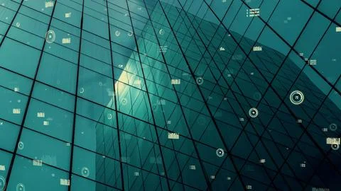 Business data analytic interface fly over smart city showing alteration future Stock Photos