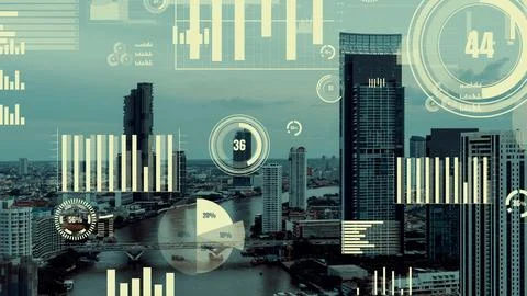 Business data analytic interface fly over smart city showing alteration future Foto stock