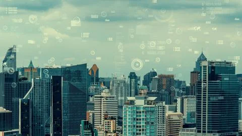 Business data analytic interface fly over smart city showing alteration future Stock Photos